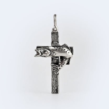 Fighting Trout Cross Pendant