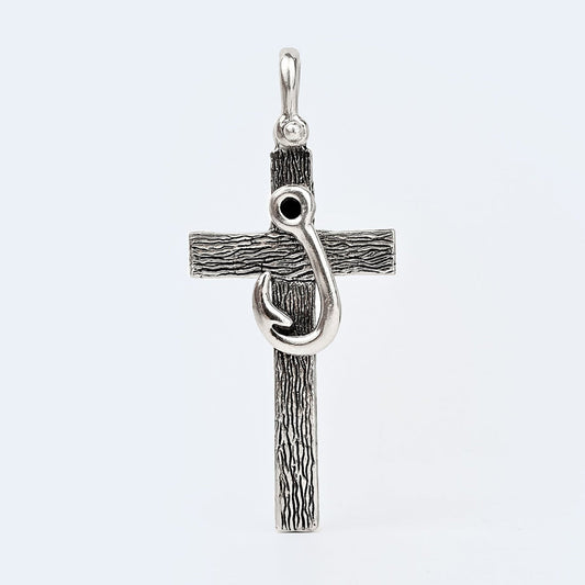 Fishing Hook Cross Pendant with Black Spinel