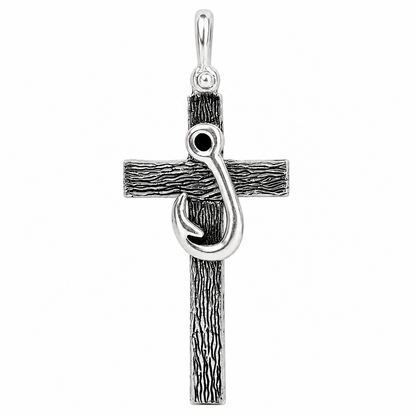 Fishing Hook Cross Pendant with Black Spinel