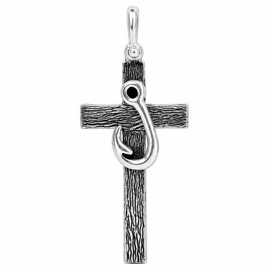 Fishing Hook Cross Pendant with Black Spinel