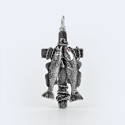 Redfish & Trout Cross Pendant with Gemstone Accents