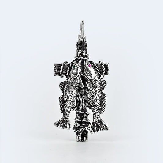 Redfish & Trout Cross Pendant with Gemstone Accents