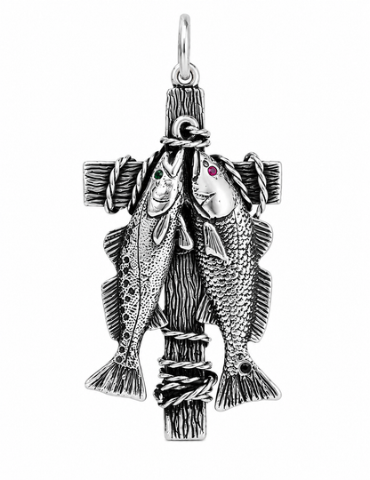 Redfish & Trout Cross Pendant with Gemstone Accents