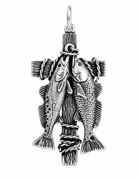 Redfish & Trout Cross Pendant with Gemstone Accents